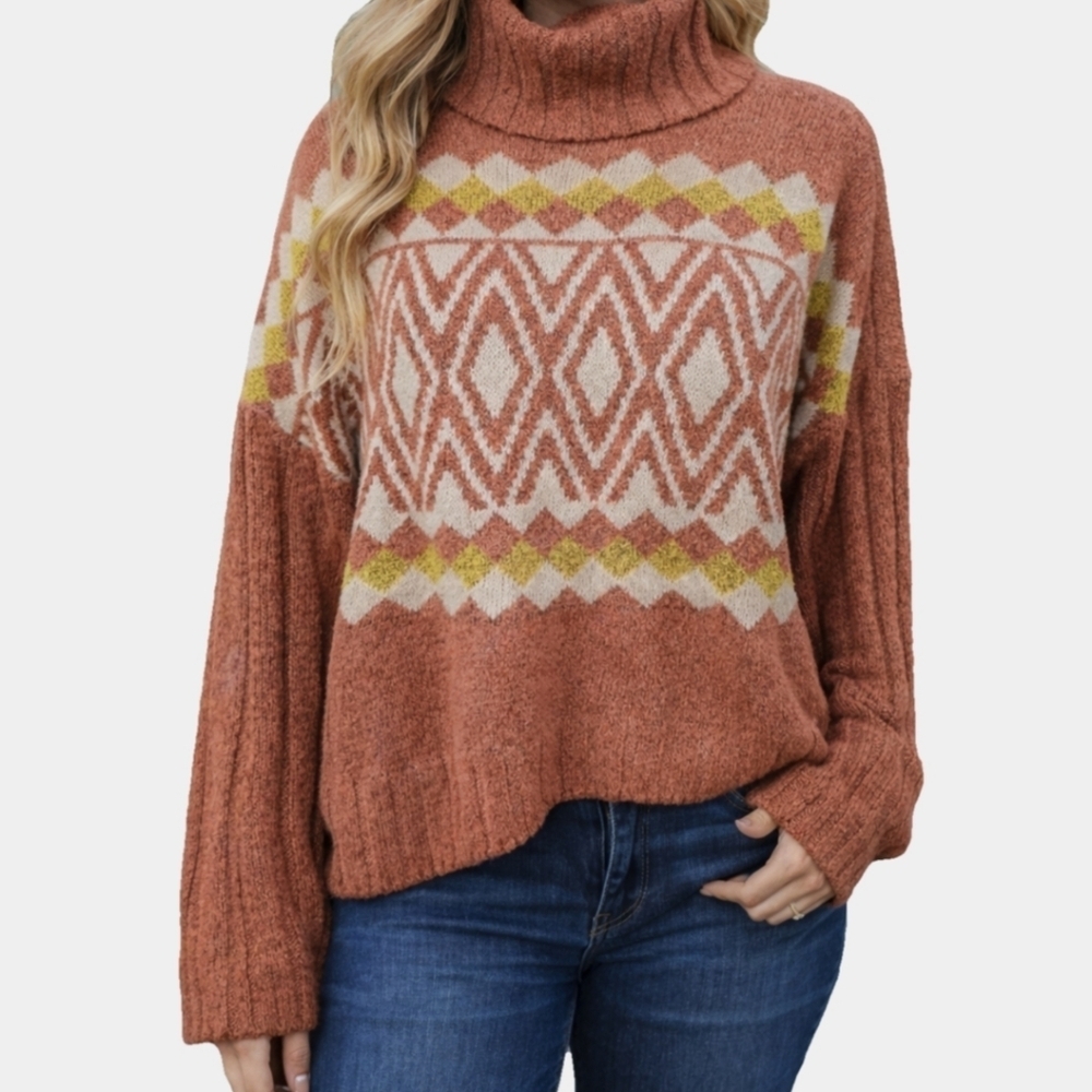 So Long Sleeve Rust Modern Argyle Boxy Turtleneck Crop Fit Sweater Size XL